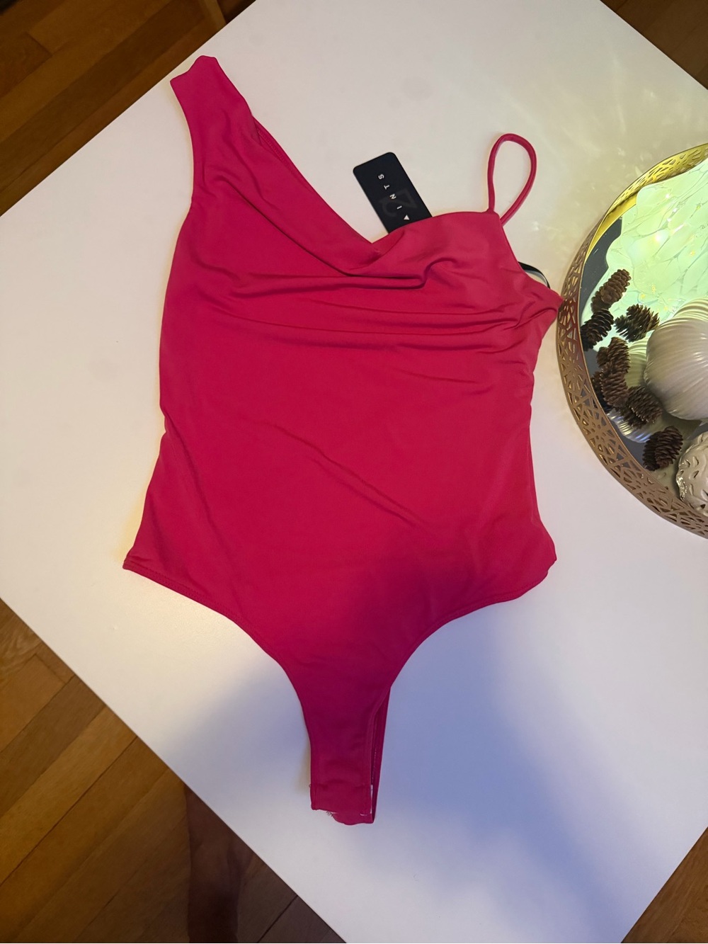 Asymmetric Strap Women's Bodysuit in Hot Pink